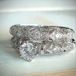 Vintage Style Sterling Silver Filigree Bridal Ring Set CZ Milgrain Details 925